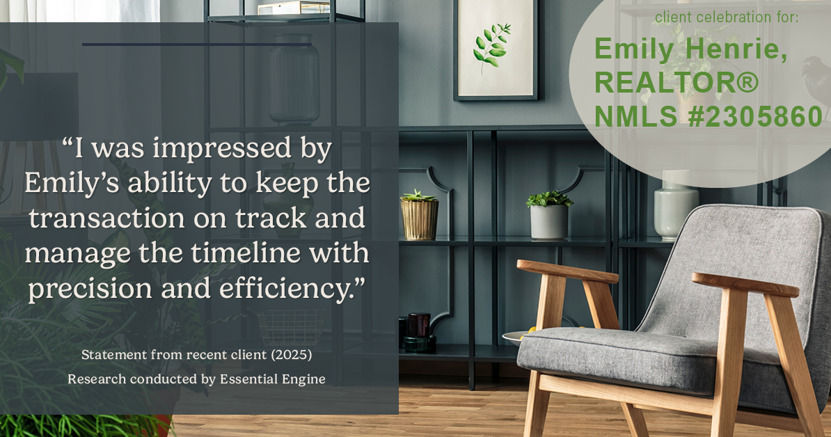 Testimonial for real estate agent Emily Henrie, REALTOR® NMLS #2305860 with Come on Home Colorado, LLC #2493955 in Littleton, CO: "I was impressed by Emily's ability to keep the transaction on track and manage the timeline with precision and efficiency."