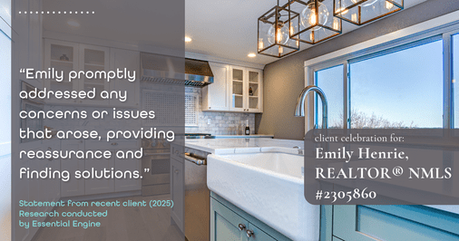 Testimonial for real estate agent Emily Henrie, REALTOR® NMLS #2305860 with Come on Home Colorado, LLC #2493955 in Littleton, CO: "Emily promptly addressed any concerns or issues that arose, providing reassurance and finding solutions."