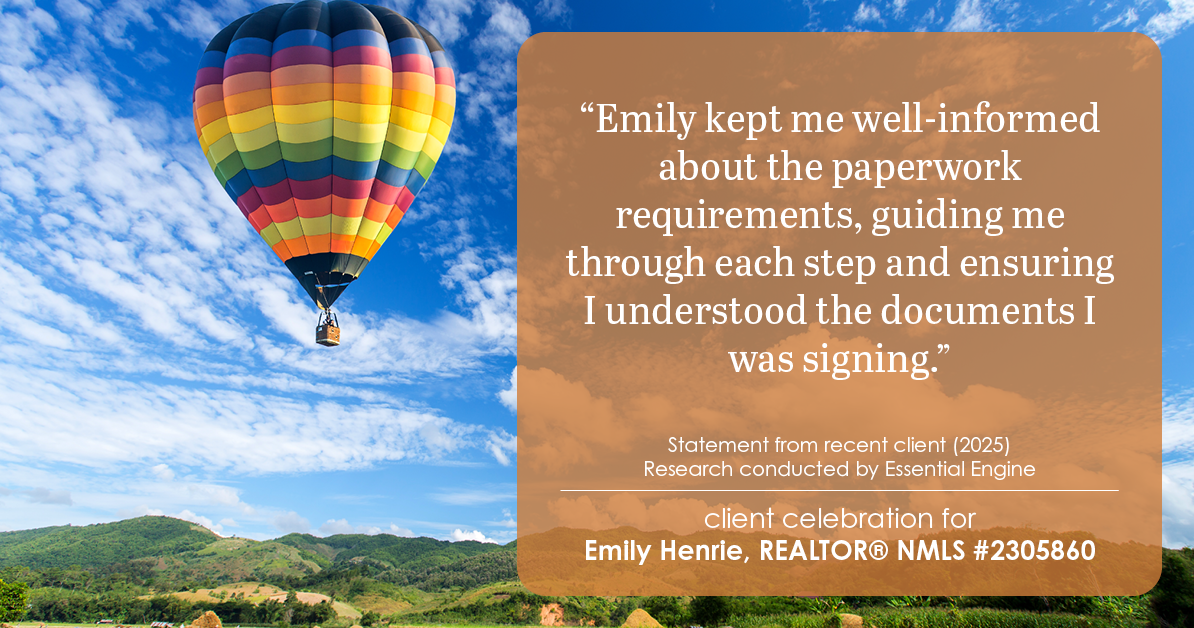 Testimonial for real estate agent Emily Henrie, REALTOR® NMLS #2305860 with Come on Home Colorado, LLC #2493955 in Littleton, CO: "Emily kept me well-informed about the paperwork requirements, guiding me through each step and ensuring I understood the documents I was signing."