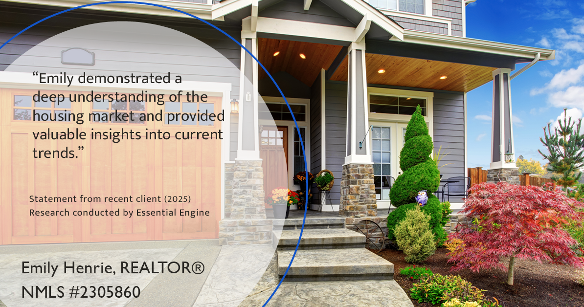 Testimonial for real estate agent Emily Henrie, REALTOR® NMLS #2305860 with Come on Home Colorado, LLC #2493955 in Littleton, CO: "Emily demonstrated a deep understanding of the housing market and provided valuable insights into current trends."