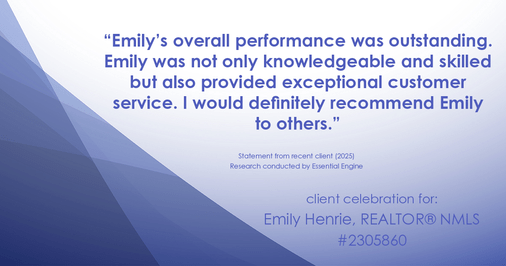 Testimonial for real estate agent Emily Henrie, REALTOR® NMLS #2305860 with Come on Home Colorado, LLC #2493955 in Littleton, CO: "Emily's overall performance was outstanding. Emily was not only knowledgeable and skilled but also provided exceptional customer service. I would definitely recommend Emily to others."