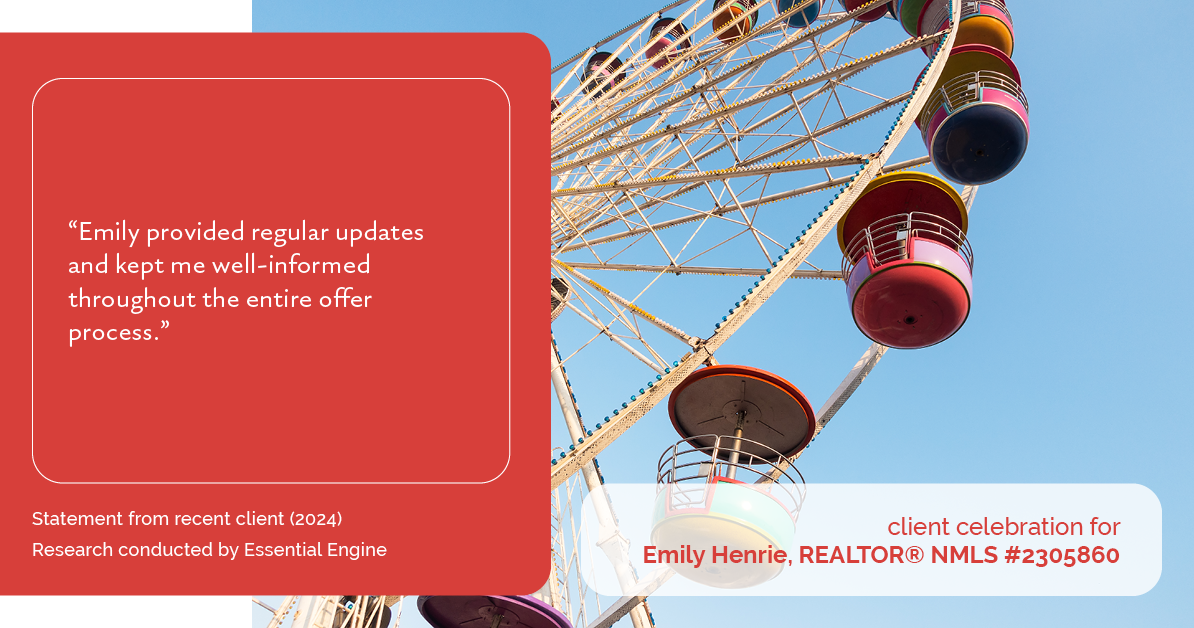 Testimonial for real estate agent Emily Henrie, REALTOR® NMLS #2305860 with Come on Home Colorado, LLC #2493955 in Littleton, CO: "Emily provided regular updates and kept me well-informed throughout the entire offer process."