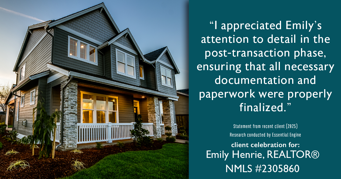 Testimonial for real estate agent Emily Henrie, REALTOR® NMLS #2305860 with Come on Home Colorado, LLC #2493955 in Littleton, CO: "I appreciated Emily's attention to detail in the post-transaction phase, ensuring that all necessary documentation and paperwork were properly finalized."