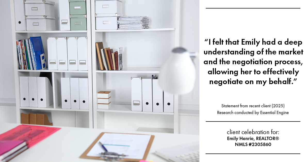 Testimonial for real estate agent Emily Henrie, REALTOR® NMLS #2305860 with Come on Home Colorado, LLC #2493955 in Littleton, CO: "I felt that Emily had a deep understanding of the market and the negotiation process, allowing her to effectively negotiate on my behalf."