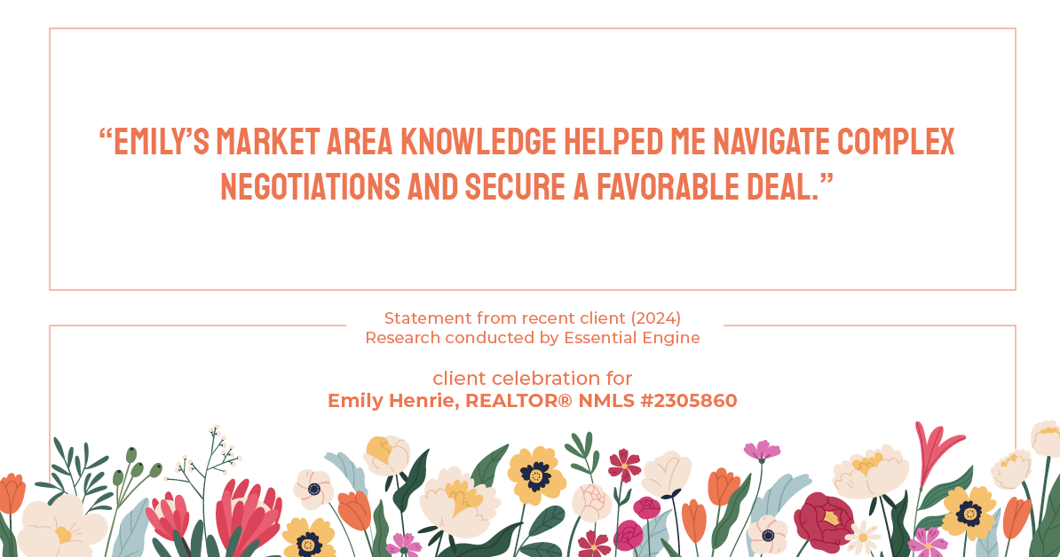 Testimonial for real estate agent Emily Henrie, REALTOR® NMLS #2305860 with Come on Home Colorado, LLC #2493955 in Littleton, CO: "Emily's market area knowledge helped me navigate complex negotiations and secure a favorable deal."