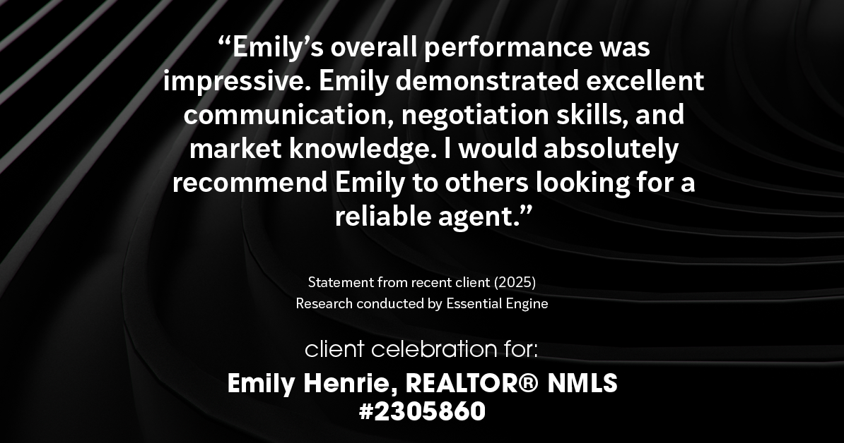Testimonial for real estate agent Emily Henrie, REALTOR® NMLS #2305860 with Come on Home Colorado, LLC #2493955 in Littleton, CO: "Emily's overall performance was impressive. Emily demonstrated excellent communication, negotiation skills, and market knowledge. I would absolutely recommend Emily to others looking for a reliable agent."
