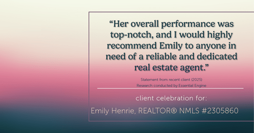 Testimonial for real estate agent Emily Henrie, REALTOR® NMLS #2305860 with Come on Home Colorado, LLC #2493955 in Littleton, CO: "Her overall performance was top-notch, and I would highly recommend Emily to anyone in need of a reliable and dedicated real estate agent."