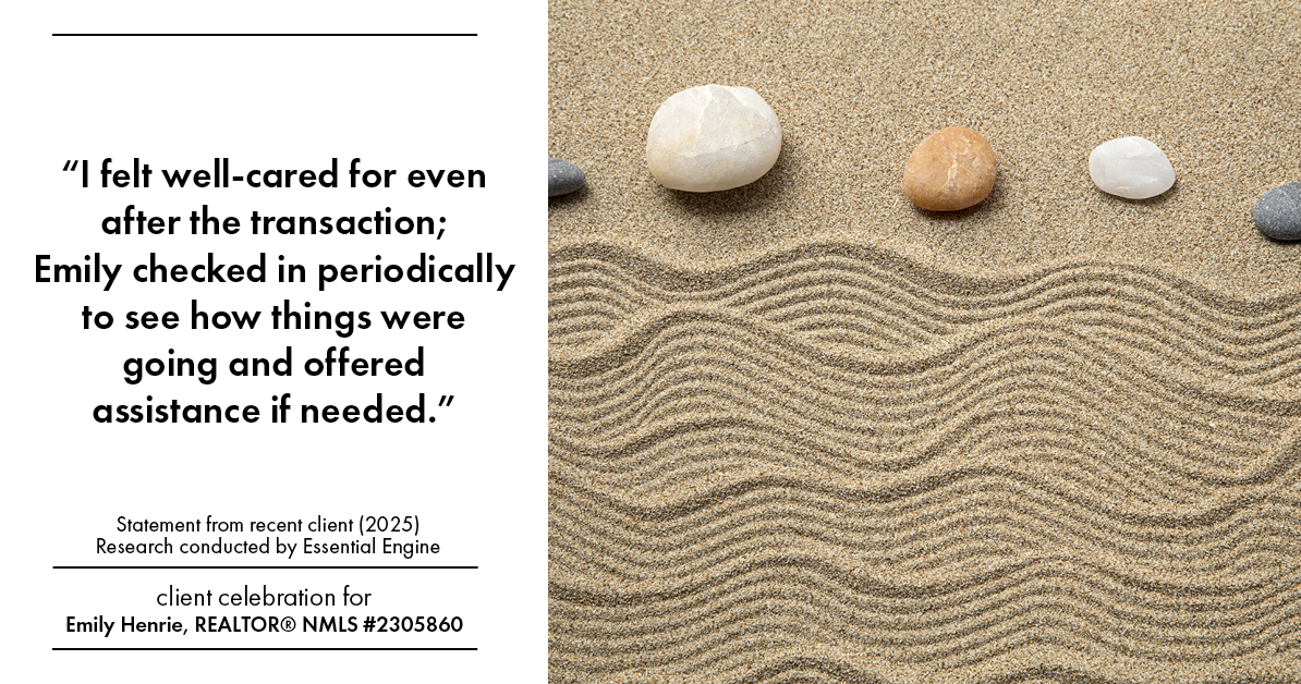 Testimonial for real estate agent Emily Henrie, REALTOR® NMLS #2305860 with Come on Home Colorado, LLC #2493955 in Littleton, CO: "I felt well-cared for even after the transaction; Emily checked in periodically to see how things were going and offered assistance if needed."