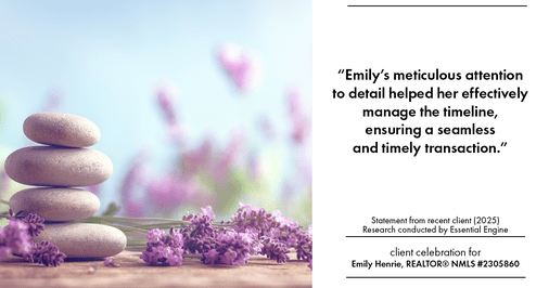 Testimonial for real estate agent Emily Henrie, REALTOR® NMLS #2305860 with Come on Home Colorado, LLC #2493955 in Littleton, CO: "Emily's meticulous attention to detail helped her effectively manage the timeline, ensuring a seamless and timely transaction."