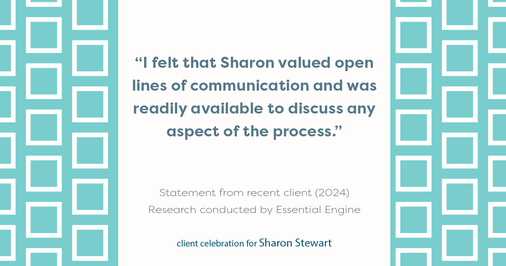 Testimonial for real estate agent Sharon Stewart with EXP Realty in New Castle, DE: "I felt that Sharon valued open lines of communication and was readily available to discuss any aspect of the process."