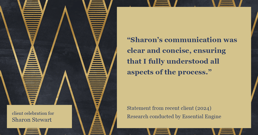 Testimonial for real estate agent Sharon Stewart with EXP Realty in New Castle, DE: "Sharon's communication was clear and concise, ensuring that I fully understood all aspects of the process."