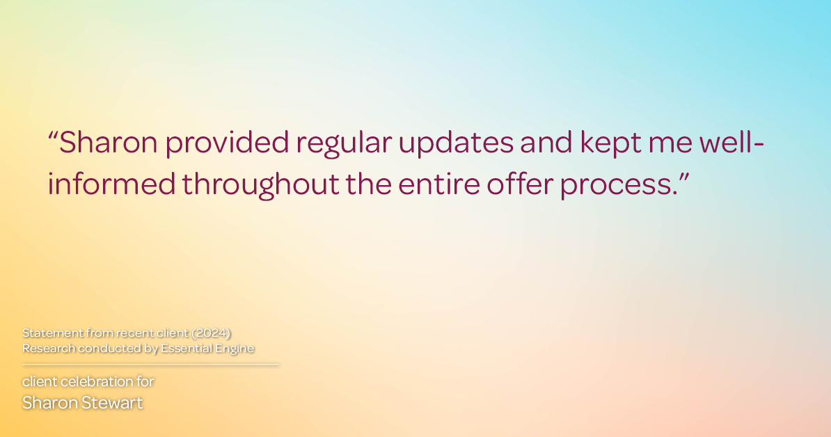 Testimonial for real estate agent Sharon Stewart with EXP Realty in New Castle, DE: "Sharon provided regular updates and kept me well-informed throughout the entire offer process."