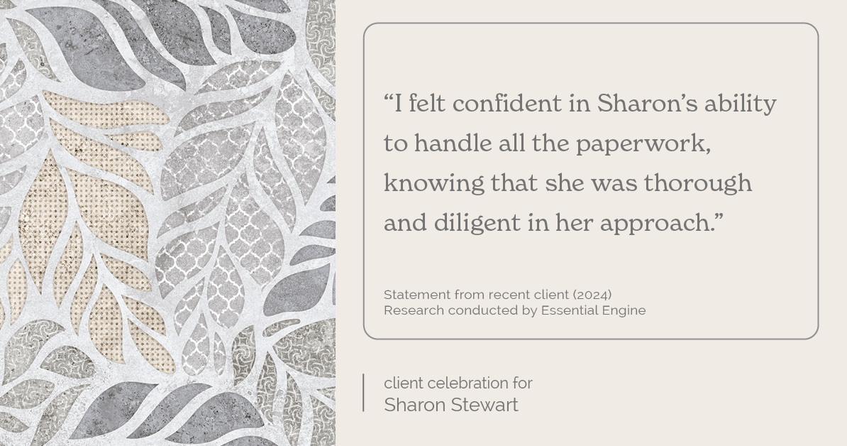 Testimonial for real estate agent Sharon Stewart with EXP Realty in New Castle, DE: "I felt confident in Sharon's ability to handle all the paperwork, knowing that she was thorough and diligent in her approach."