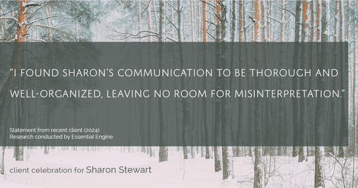 Testimonial for real estate agent Sharon Stewart with EXP Realty in New Castle, DE: "I found Sharon's communication to be thorough and well-organized, leaving no room for misinterpretation."