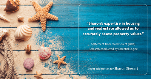 Testimonial for real estate agent Sharon Stewart with EXP Realty in New Castle, DE: "Sharon's expertise in housing and real estate allowed us to accurately assess property values."