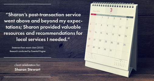 Testimonial for real estate agent Sharon Stewart with EXP Realty in New Castle, DE: "Sharon's post-transaction service went above and beyond my expectations; Sharon provided valuable resources and recommendations for local services I needed."