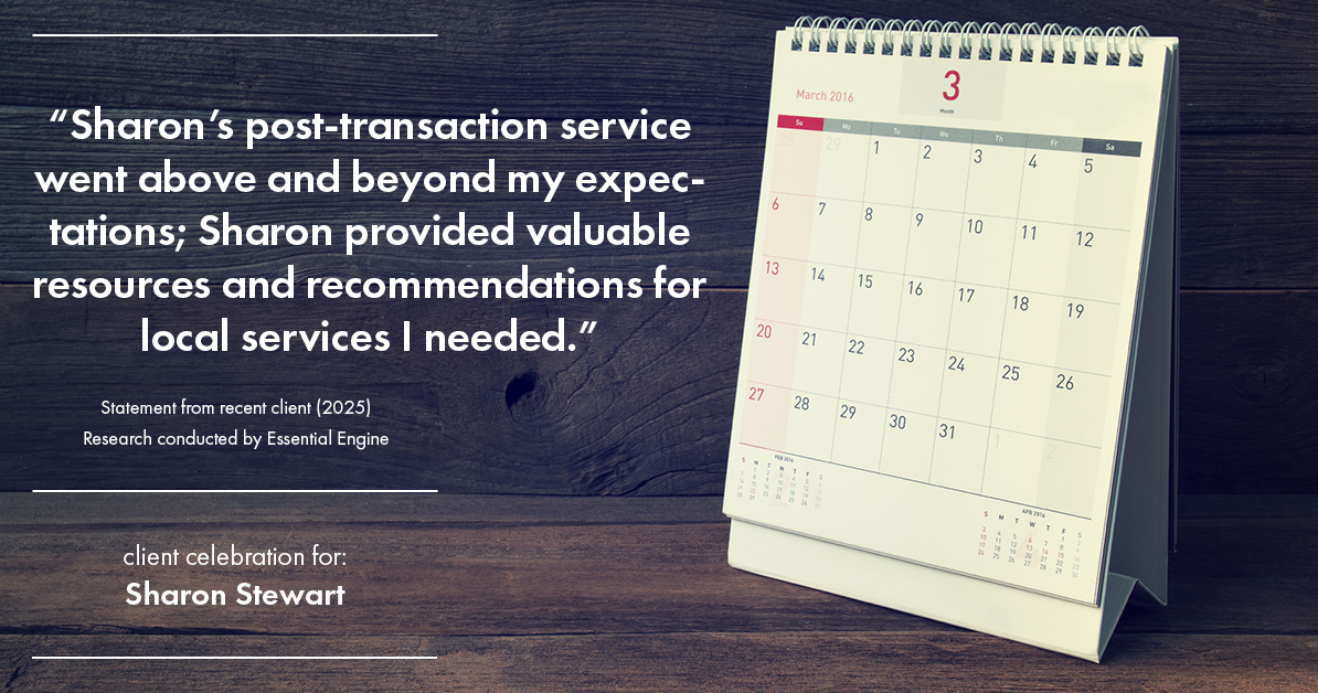 Testimonial for real estate agent Sharon Stewart with EXP Realty in New Castle, DE: "Sharon's post-transaction service went above and beyond my expectations; Sharon provided valuable resources and recommendations for local services I needed."