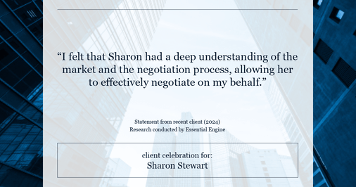 Testimonial for real estate agent Sharon Stewart with EXP Realty in New Castle, DE: "I felt that Sharon had a deep understanding of the market and the negotiation process, allowing her to effectively negotiate on my behalf."