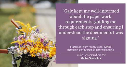 Testimonial for real estate agent Gale Goldstick with Coldwell Banker Realty in Chicago, IL: "Gale kept me well-informed about the paperwork requirements, guiding me through each step and ensuring I understood the documents I was signing."