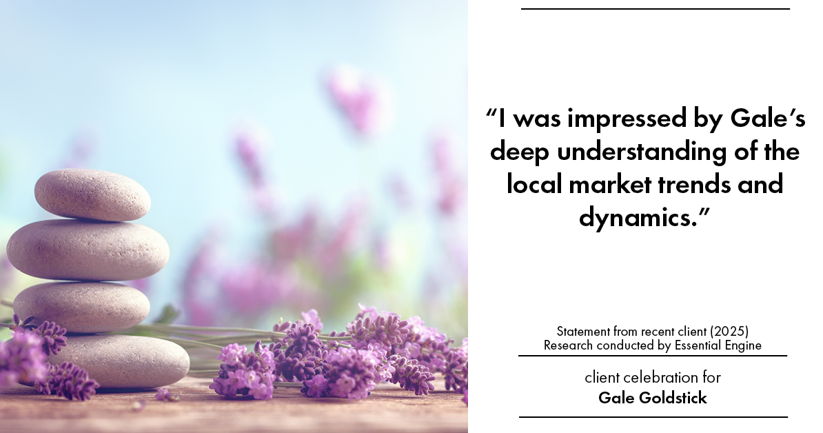 Testimonial for real estate agent Gale Goldstick with Coldwell Banker Realty in Chicago, IL: "I was impressed by Gale's deep understanding of the local market trends and dynamics."