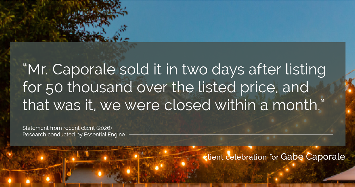 Testimonial for real estate agent Gabe Caporale with Caporale Realty Group in Elmwood Park, IL: "Mr. Caporale sold it in two days after listing for 50 thousand over the listed price, and that was it, we were closed within a month.”