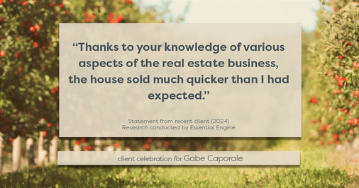 Testimonial for real estate agent Gabe Caporale with Caporale Realty Group in Elmwood Park, IL: "Thanks to your knowledge of various aspects of the real estate business, the house sold much quicker than I had expected."
