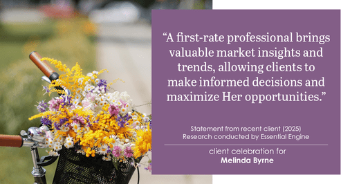 Testimonial for real estate agent Melinda Byrne with Key Realty in Concord, CA: "A first-rate professional brings valuable market insights and trends, allowing clients to make informed decisions and maximize Her opportunities."