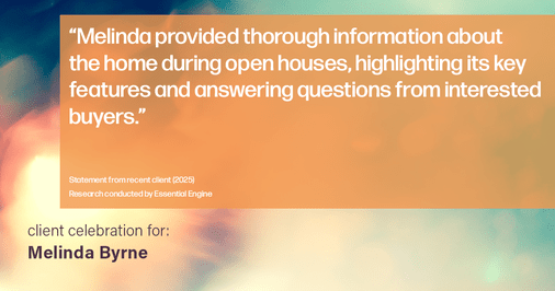 Testimonial for real estate agent Melinda Byrne with Key Realty in Concord, CA: "Melinda provided thorough information about the home during open houses, highlighting its key features and answering questions from interested buyers."