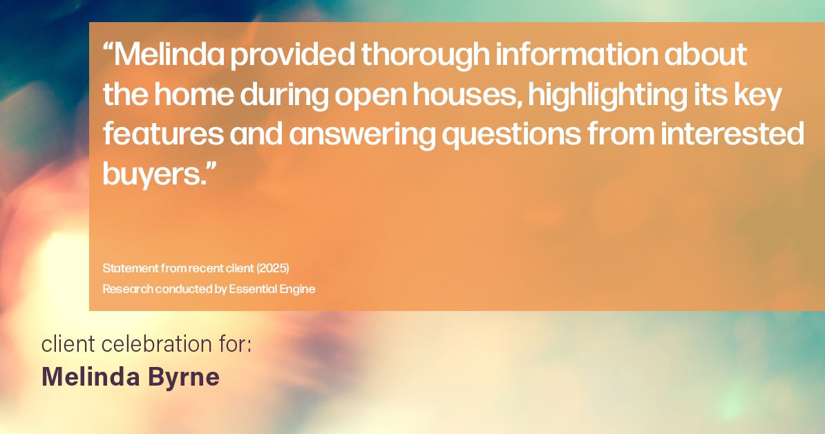 Testimonial for real estate agent Melinda Byrne with Key Realty in Concord, CA: "Melinda provided thorough information about the home during open houses, highlighting its key features and answering questions from interested buyers."