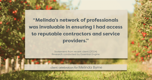 Testimonial for real estate agent Melinda Byrne with Key Realty in Concord, CA: "Melinda's network of professionals was invaluable in ensuring I had access to reputable contractors and service providers."