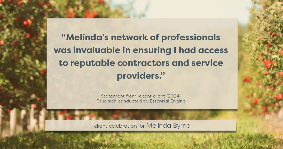 Testimonial for real estate agent Melinda Byrne with Key Realty in Concord, CA: "Melinda's network of professionals was invaluable in ensuring I had access to reputable contractors and service providers."