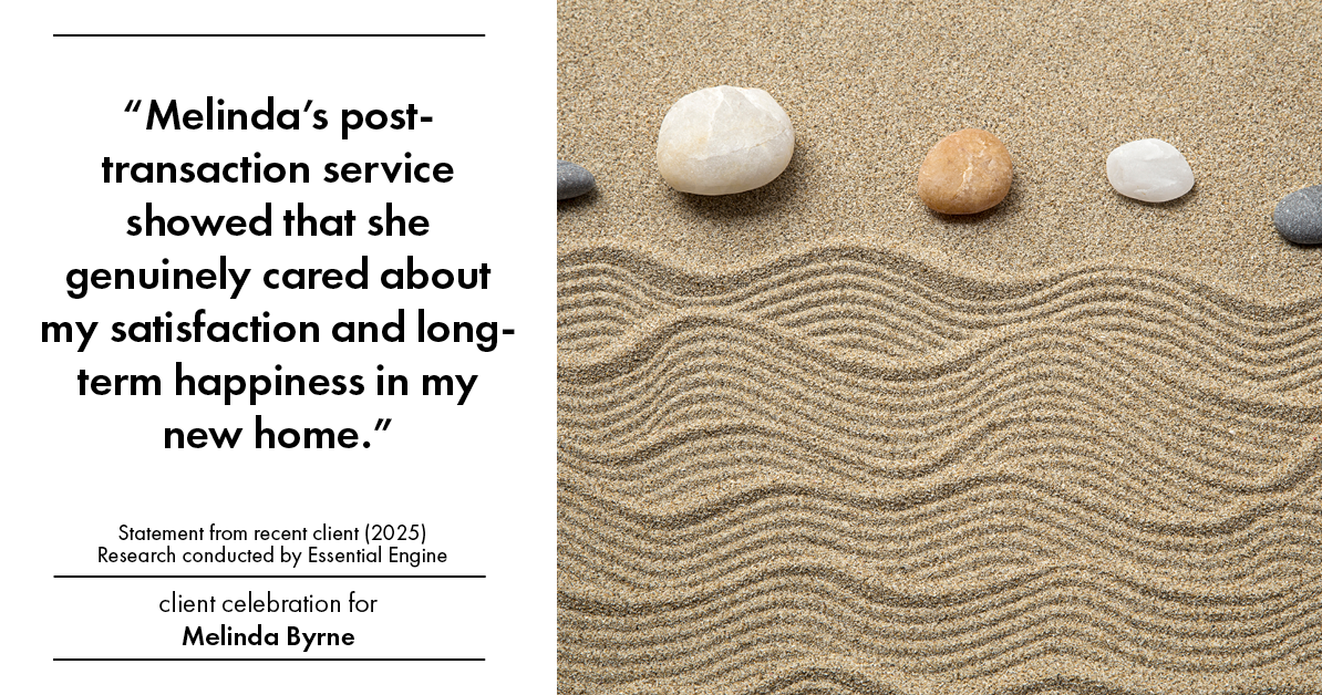 Testimonial for real estate agent Melinda Byrne with Key Realty in Concord, CA: "Melinda's post-transaction service showed that she genuinely cared about my satisfaction and long-term happiness in my new home."