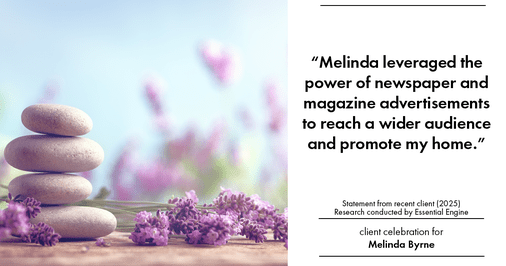 Testimonial for real estate agent Melinda Byrne with Key Realty in Concord, CA: "Melinda leveraged the power of newspaper and magazine advertisements to reach a wider audience and promote my home."
