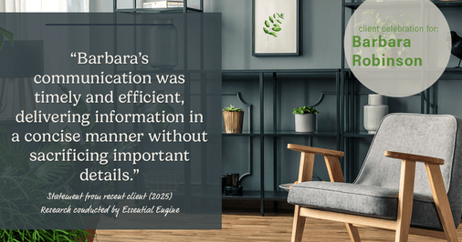 Testimonial for real estate agent Barbara Robinson with Red Apple Realty, Inc. in Hudson, NY: "Barbara's communication was timely and efficient, delivering information in a concise manner without sacrificing important details."