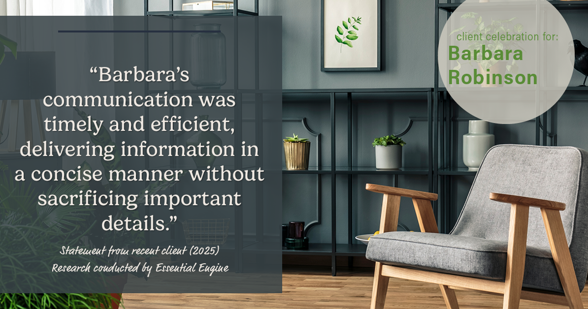 Testimonial for real estate agent Barbara Robinson with Red Apple Realty, Inc. in Hudson, NY: "Barbara's communication was timely and efficient, delivering information in a concise manner without sacrificing important details."