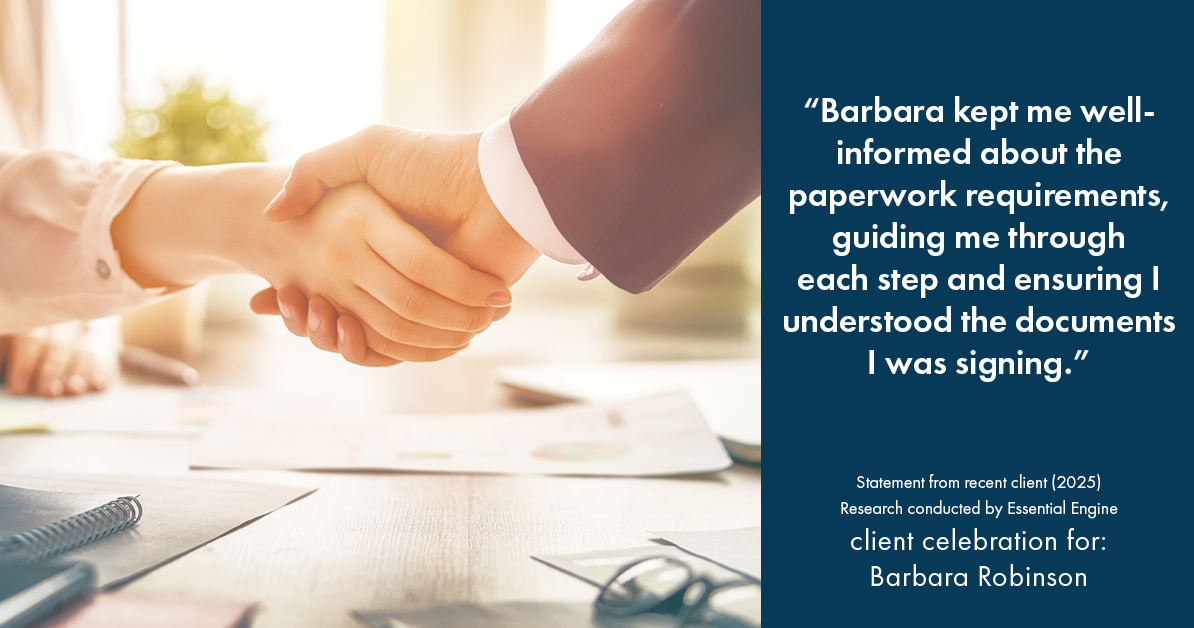 Testimonial for real estate agent Barbara Robinson with Red Apple Realty, Inc. in Hudson, NY: "Barbara kept me well-informed about the paperwork requirements, guiding me through each step and ensuring I understood the documents I was signing."