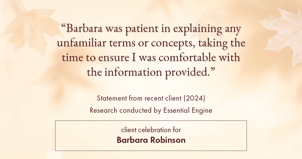 Testimonial for real estate agent Barbara Robinson with Red Apple Realty, Inc. in Hudson, NY: "Barbara was patient in explaining any unfamiliar terms or concepts, taking the time to ensure I was comfortable with the information provided."