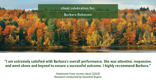 Testimonial for real estate agent Barbara Robinson with Red Apple Realty, Inc. in Hudson, NY: "I am extremely satisfied with Barbara's overall performance. She was attentive, responsive, and went above and beyond to ensure a successful outcome. I highly recommend Barbara."