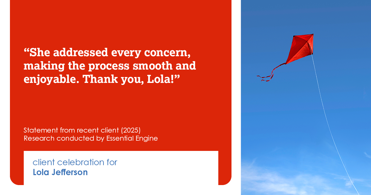 Testimonial for real estate agent Lola Jefferson with RE/MAX Enterprises in Naperville, IL: "She addressed every concern, making the process smooth and enjoyable. Thank you, Lola!"