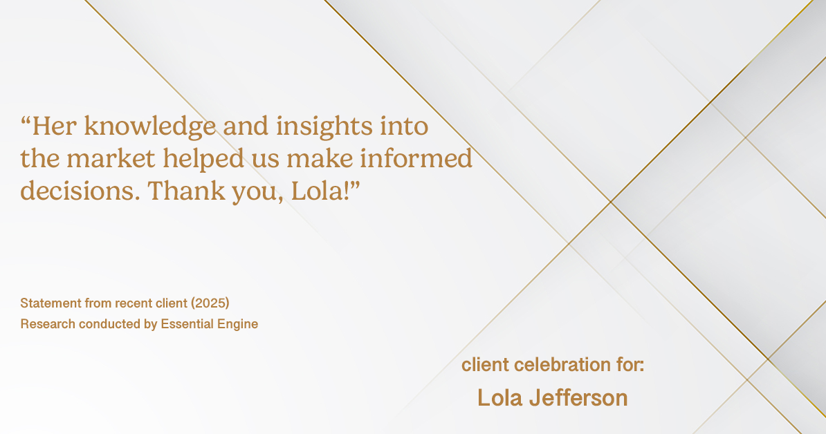 Testimonial for real estate agent Lola Jefferson with RE/MAX Enterprises in Naperville, IL: "Her knowledge and insights into the market helped us make informed decisions. Thank you, Lola!"