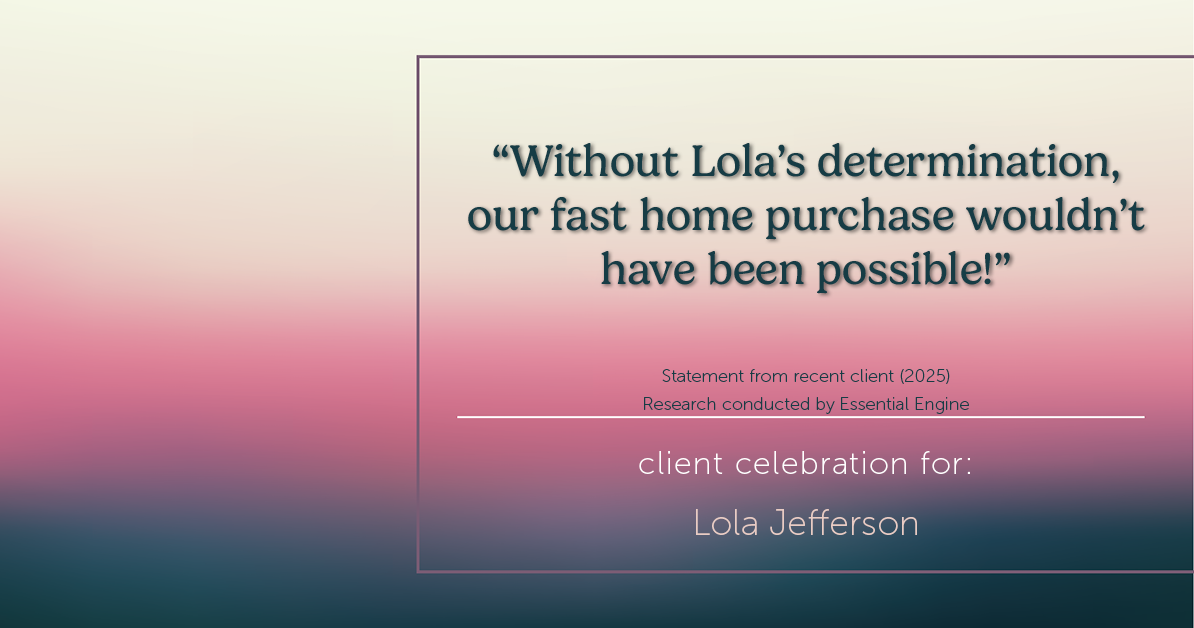 Testimonial for real estate agent Lola Jefferson with RE/MAX Enterprises in Naperville, IL: "Without Lola's determination, our fast home purchase wouldn't have been possible!"