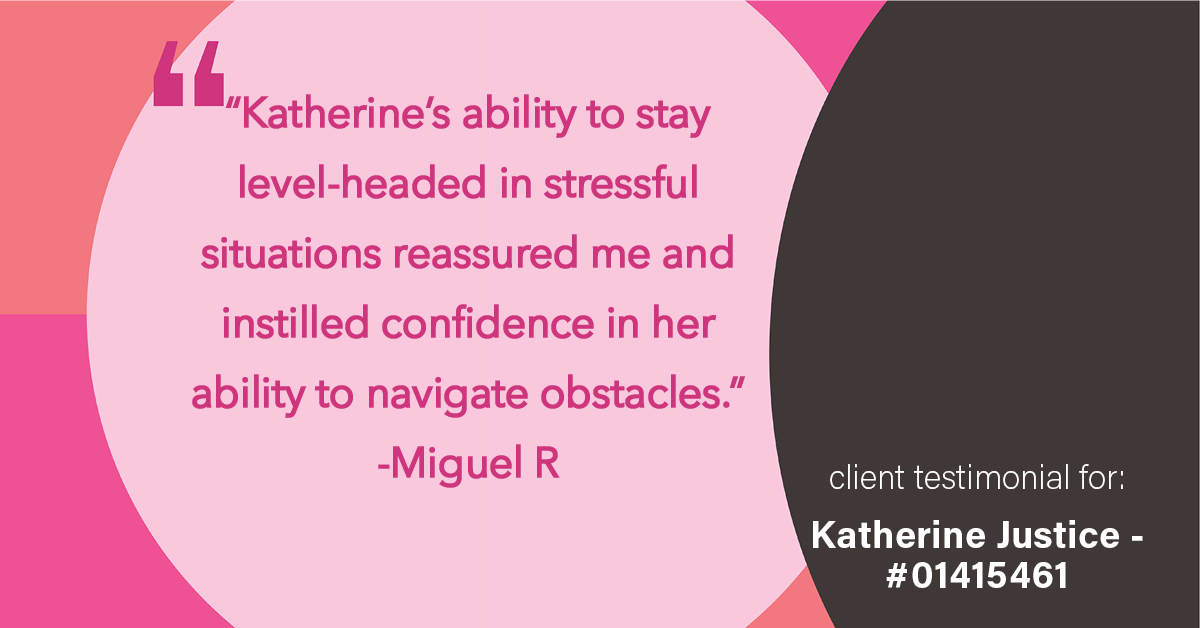 Testimonial for real estate agent Katherine Justice with EXP Realty in Fresno, CA: "Katherine's ability to stay level-headed in stressful situations reassured me and instilled confidence in her ability to navigate obstacles."