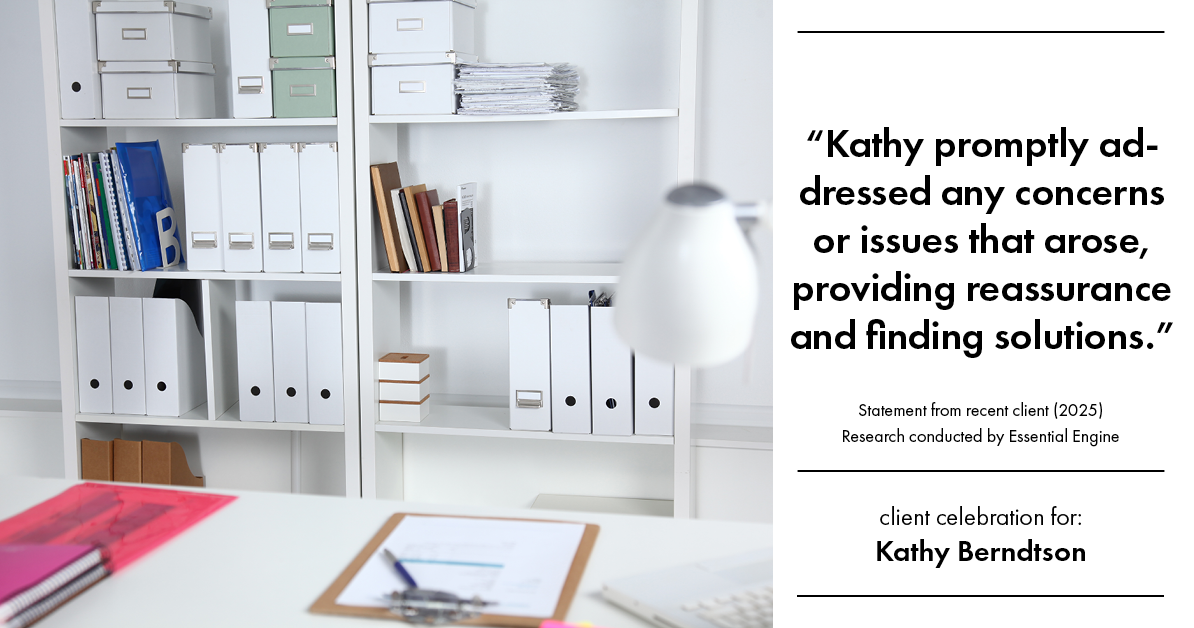 Testimonial for real estate agent Kathy Berndtson in Silverdale, WA: "Kathy promptly addressed any concerns or issues that arose, providing reassurance and finding solutions."