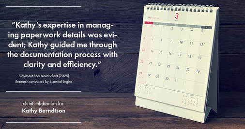 Testimonial for real estate agent Kathy Berndtson in Silverdale, WA: "Kathy's expertise in managing paperwork details was evident; Kathy guided me through the documentation process with clarity and efficiency."