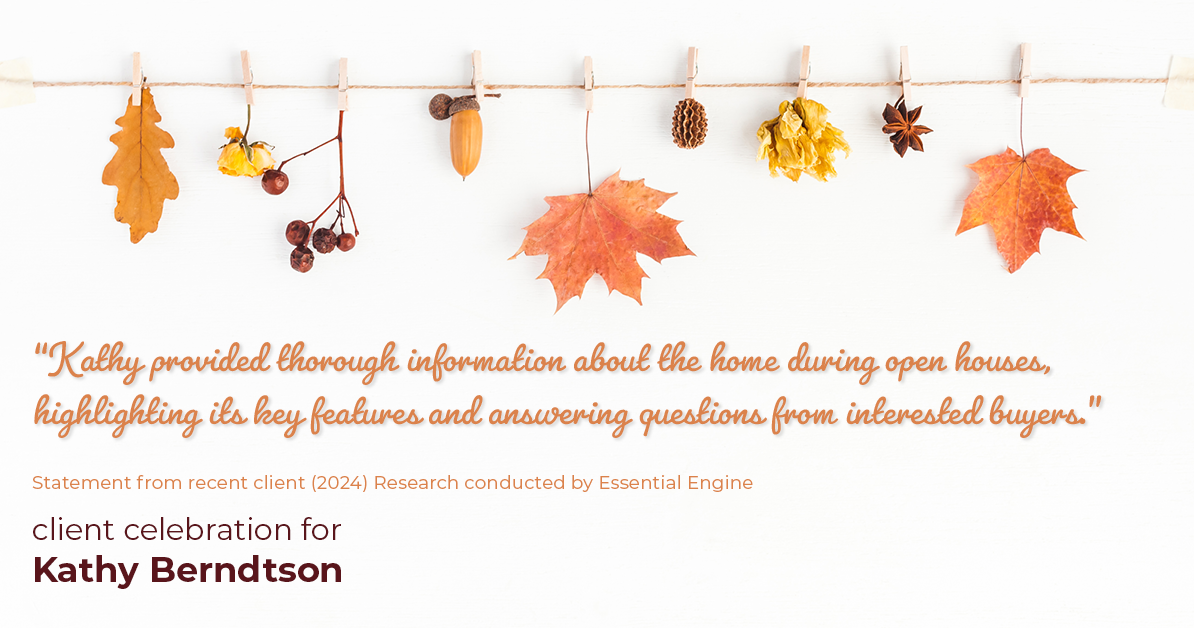 Testimonial for real estate agent Kathy Berndtson in Silverdale, WA: "Kathy provided thorough information about the home during open houses, highlighting its key features and answering questions from interested buyers."