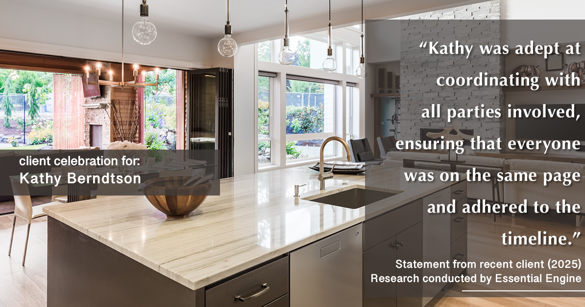 Testimonial for real estate agent Kathy Berndtson in Silverdale, WA: "Kathy was adept at coordinating with all parties involved, ensuring that everyone was on the same page and adhered to the timeline."