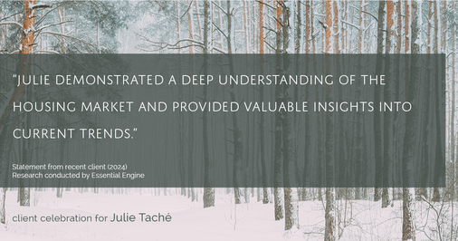 Testimonial for real estate agent Julie Taché with Homes With Cachet in Charlotte, NC: "Julie demonstrated a deep understanding of the housing market and provided valuable insights into current trends."