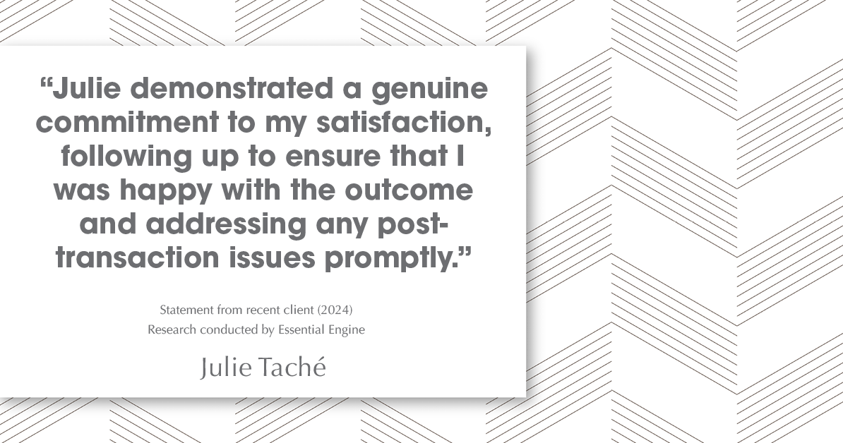 Testimonial for real estate agent Julie Tache with Homes With Cachet in Charlotte, NC: "Julie demonstrated a genuine commitment to my satisfaction, following up to ensure that I was happy with the outcome and addressing any post-transaction issues promptly."