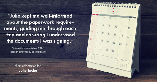 Testimonial for real estate agent Julie Tache with Homes With Cachet in Charlotte, NC: "Julie kept me well-informed about the paperwork requirements, guiding me through each step and ensuring I understood the documents I was signing."