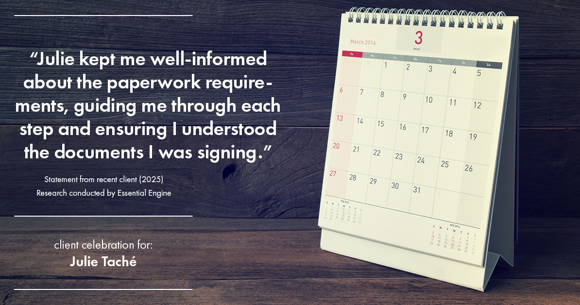 Testimonial for real estate agent Julie Tache with Homes With Cachet in Charlotte, NC: "Julie kept me well-informed about the paperwork requirements, guiding me through each step and ensuring I understood the documents I was signing."